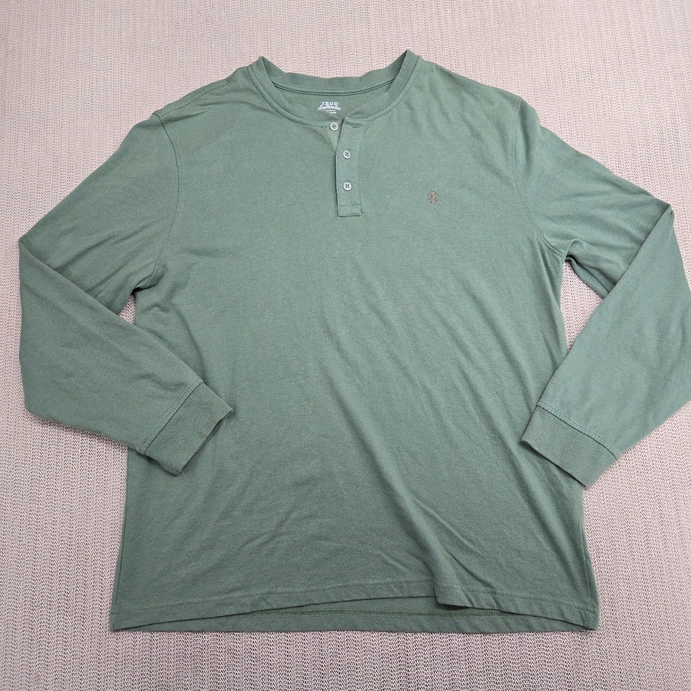 Izod Saltwater Shirt Mens XL Green Long Sleeve Henley Heavyweight Outdoor